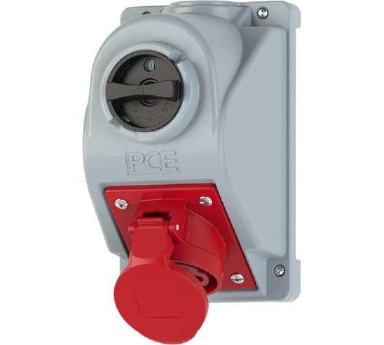 Розетка PCE 32a/3p+n+e/380v/ip44 с реверсивным переключателем l-0-r и блокировкой 960625501 1