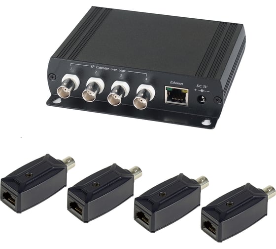 Комплект для передачи Ethernet от 4-х устройств по коаксиальному кабелю до 200 м SC&T IP01K  (IP0 1(4 шт.) + IP01H (1 шт.) sct0480