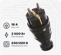 Каучуковая вилка ЭРА V8-B-IP44 с заземлением прямая 16A, IP44, черная Б0044540