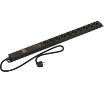 Блок розеток Hyperline SHE-10SH-AV-SF-2.5EU вертикальный, 10 розеток Schuko, амперметр/вольтметр, автомат., защита от перенапряжения, выключатель с подсветкой, кабель питания 2.5 м, с вилкой Schuko 16A, корпус алюминий, черный 486947
