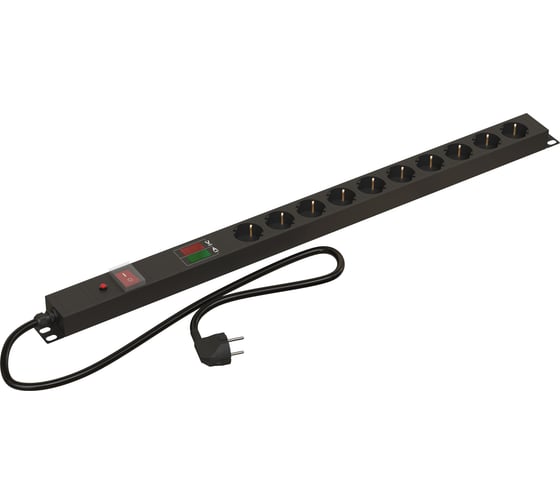 Блок розеток Hyperline SHE-10SH-AV-SF-2.5EU вертикальный, 10 розеток Schuko, амперметр/вольтметр, автомат., защита от перенапряжения, выключатель с подсветкой, кабель питания 2.5 м, с вилкой Schuko 16A, корпус алюминий, черный 486947 1