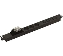 Блок розеток Hyperline SHE19-3SH-4IEC-B-CB для 19" шкафов, горизонтальный, 3 розетки Schuko, 4 розетки IEC320 C13, автоматический выключатель, без кабеля питания, клеммная колодка 32A, 250В, 482.6x44.4x44.4мм (ШхГхВ), корпус алюминий, черный 481808