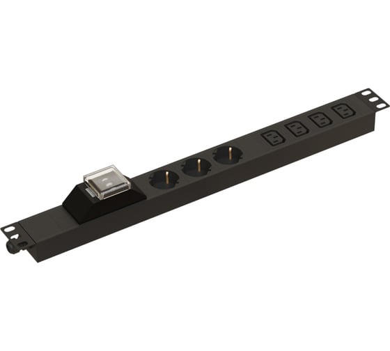 Блок розеток Hyperline SHE19-3SH-4IEC-B-CB для 19" шкафов, горизонтальный, 3 розетки Schuko, 4 розетки IEC320 C13, автоматический выключатель, без кабеля питания, клеммная колодка 32A, 250В, 482.6x44.4x44.4мм (ШхГхВ), корпус алюминий, черный 481808 1