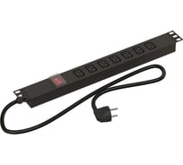 Блок розеток Hyperline SHE19-7IEC-S-2.5EU для 19" шкафов, горизонтальный, 7 розеток IEC320 C13, выключатель в подсветкой, кабель питания 2.5м (3x1.5мм2) с вилкой Schuko 16A, 250В, 482.6x44.4x44.4мм (ШхГхВ), корпус алюминий, черный 397032