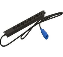 Блок розеток Hyperline SHE19-8SH-2.5PVB для 19" шкафов, горизонтальный, 8 розеток Schuko, кабель питания длина 2.5м (3x2.5мм2) с вилкой IEC 60309 16А, корпус алюминий, черный 486948