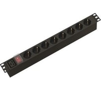 Блок розеток Hyperline SHE19-8SH-S-AIEC для 19" шкафов, горизонтальный, 8 розеток Schuko, выключатель с подсветкой, без кабеля питания, входной разъем IEC320 C20 16A, 250В, 482.6x44.4x44.4мм (ШхГхВ), корпус алюминий, черный 481764
