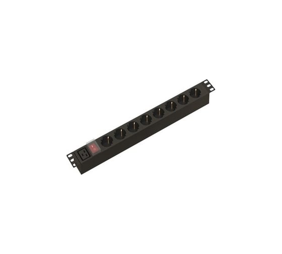 Блок розеток Hyperline SHE19-8SH-S-AIEC для 19" шкафов, горизонтальный, 8 розеток Schuko, выключатель с подсветкой, без кабеля питания, входной разъем IEC320 C20 16A, 250В, 482.6x44.4x44.4мм (ШхГхВ), корпус алюминий, черный 481764 1