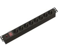 Блок розеток Hyperline SHE19-8SH-S-M-IEC для 19" шкафов, горизонтальный, 8 розеток Schuko, выключатель с подсветкой, термоавтомат, без кабеля питания, входной разъем IEC320 C14 10А, 250В, 482.6x44.4x44.4мм (ШхГхВ), корпус алюминий, черный 475574