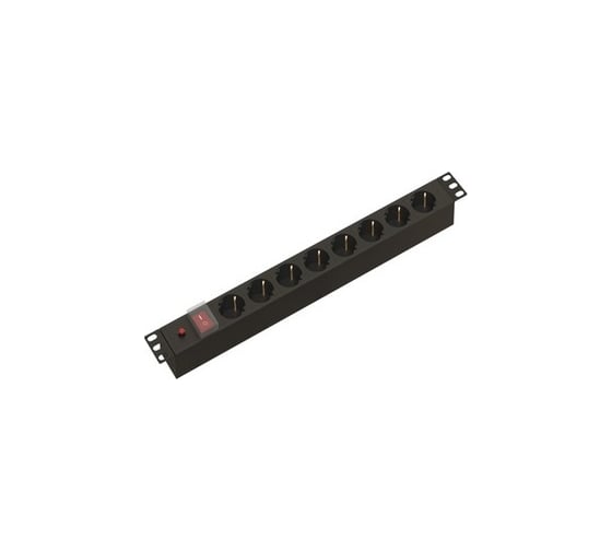 Блок розеток Hyperline SHE19-8SH-S-M-IEC для 19" шкафов, горизонтальный, 8 розеток Schuko, выключатель с подсветкой, термоавтомат, без кабеля питания, входной разъем IEC320 C14 10А, 250В, 482.6x44.4x44.4мм (ШхГхВ), корпус алюминий, черный 475574