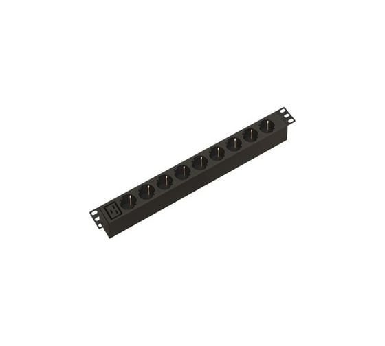 Блок розеток Hyperline SHE19-9SH-AIEC для 19" шкафов, горизонтальный, 9 розеток Schuko, без кабеля питания, входной разъем IEC320 C20 16A, 250В, 482.6x44.4x44.4мм (ШхГхВ), корпус алюминий, черный 457320 1