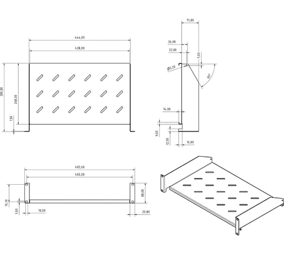 Угловая полка Hyperline TAL3-2U-300-RAL7035 с перфорацией 19", 2U, ширина 440 мм, глубина 300 мм, цвет серый (RAL 7035) 433670