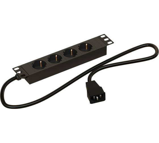 Блок розеток Hyperline SHE10-4SH-1.8IEC  для 10" шкафов, горизонтальный, 4 розетки Schuko, кабель питания 1.8м (3x1.0мм2) с вилкой IEC320 C14 10A, 250В, 254x44.4x44.4мм (ДхШхВ), корпус алюминий, черный 493189
