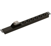 Горизонтальный блок розеток Hyperline SHE19-6SH-B-IEC для 19" шкафов, 6 розеток Schuko, автоматический выключатель, без кабеля питания, входной разъем IEC320 C14 10A, 250В, 482.6x44.4x44.4мм (ШхГхВ), корпус алюминий, черный 483637
