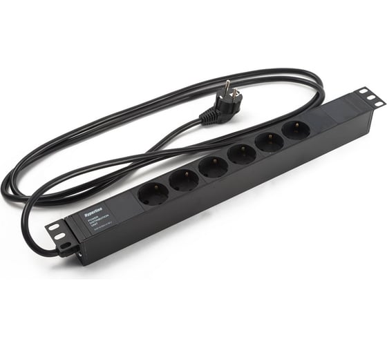 Горизонтальный блок розеток Hyperline SHE19-6SH-Z-2.5EU для 19" шкафов, 6 розеток Schuko, дифференциальный автомат 1P+N 16А, кабель питания 2.5м (3x1.5мм2) с вилкой Schuko 16A, 250В, 482.6x44.4x44.4мм (ШхГхВ), корпус алюминий, черный 497471 1