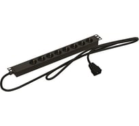 Горизонтальный блок розеток Hyperline SHE19-8SH-2.5IEC для 19" шкафов, 8 розеток Schuko, кабель питания 2.5м (3x1.0мм2) с вилкой IEC320 C14 10A, 250В, 482.6x44.4x44.4мм (ШхГхВ), корпус алюминий, черный 444096
