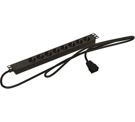Горизонтальный блок розеток Hyperline SHE19-8SH-2.5IEC для 19" шкафов, 8 розеток Schuko, кабель питания 2.5м (3x1.0мм2) с вилкой IEC320 C14 10A, 250В, 482.6x44.4x44.4мм (ШхГхВ), корпус алюминий, черный 444096