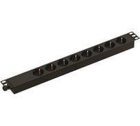 Горизонтальный блок розеток Hyperline SHE19-8SH-CB для 19" шкафов, 8 розетки Schuko, без кабеля питания, клеммная колодка 16A, 250В, 482.6x44.4x44.4мм (ШхГхВ), корпус алюминий, черный 481805