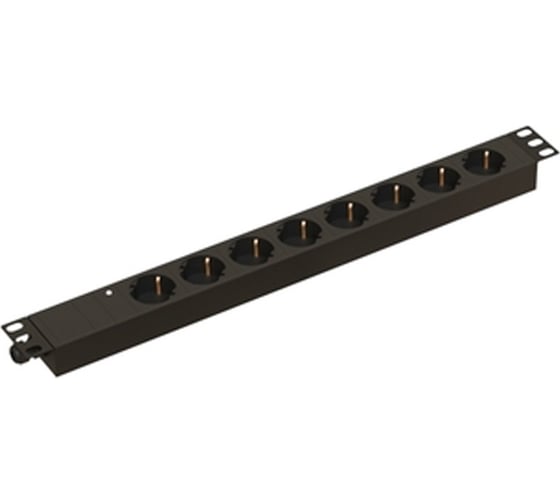 Горизонтальный блок розеток Hyperline SHE19-8SH-I-CB для 19" шкафов, 8 розетки Schuko, индикатор питания, без кабеля питания, клеммная колодка 32А, 250В, 482.6x44.4x44.4мм (ШхГхВ), корпус алюминий, черный 481811