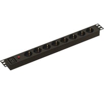 Горизонтальный блок розеток Hyperline SHE19-8SH-M-AIEC для 19" шкафов, 8 розеток Schuko, автоматический выключатель (термоавтомат), без кабеля питания, входной разъем IEC320 C20 16A, 250В, 482.6x44.4x44.4мм (ШхГхВ), корпус алюминий, черный 491844
