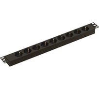 Горизонтальный блок розеток Hyperline SHE19-9SH-IEC для 19" шкафов, 9 розеток Schuko, 10A, 250В, однофазный, без кабеля питания, вход питания IEC 320 C14, 482.6x44.4x44.4мм (ШхГхВ) 484456