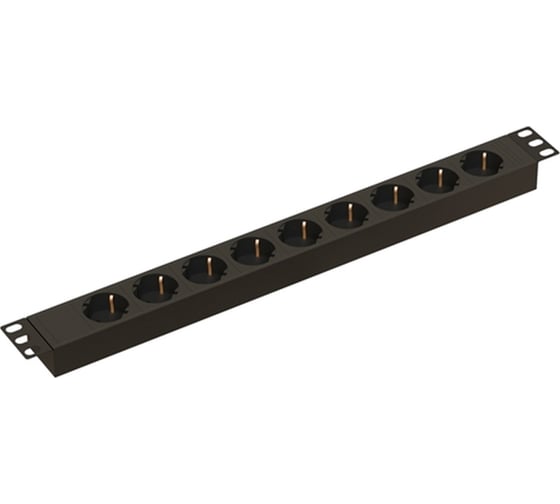 Горизонтальный блок розеток Hyperline SHE19-9SH-IEC для 19" шкафов, 9 розеток Schuko, 10A, 250В, однофазный, без кабеля питания, вход питания IEC 320 C14, 482.6x44.4x44.4мм (ШхГхВ) 484456 1