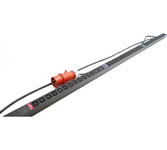 Блок розеток Hyperline She-36iec-6biec-3x16-3pvr, вертикальный, 36 розеток iec320 c13, 6 розеток iec320 c19, кабель питания 3м (5x4.0мм2) с вилкой iec 60309 16а (3p+n+e), 380в, корпус алюминий, черный 525054 1