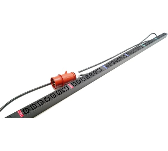 Блок розеток Hyperline She-36iec-6biec-3x32-3pvr, вертикальный, 36 розеток iec320 c13, 6 розеток iec320 c19, кабель питания 3м (5x4.0мм2) с вилкой iec 60309 32а (3p+n+e), 380в, корпус алюминий, черный 525053