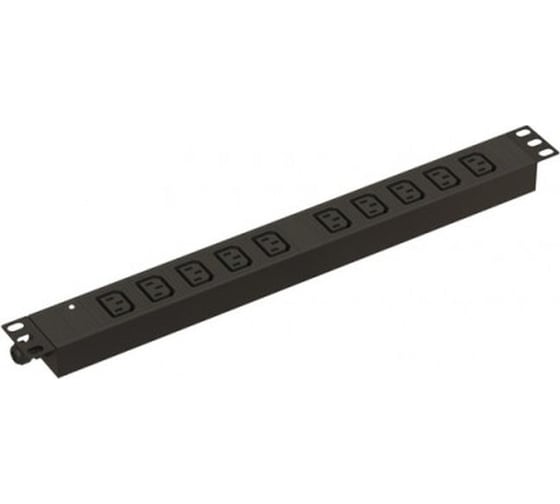 Горизонтальный блок розеток для 19" шкафов Hyperline SHE19-10IEC-I-CB 10 розеток IEC320 C13, индикатор напряжения, без кабеля питания, клеммная колодка 32 А, 250 В, 482.6x44.4x44.4 мм (ШхГхВ), корпус алюминий, черный 454135 1