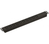 Горизонтальный блок розеток для 19" шкафов Hyperline SHE19-10IEC-F-IEC 10 розеток IEC320 C13, защита от перенапряжения (несменный блок), входной разъем IEC320 C14 10А, 250 В, 482.6x44.4x44.4 мм (ШхГхВ), корпус алюминий, черный 493133