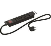 Горизонтальный блок розеток для 10" шкафов Hyperline SHE10-4IEC-S-2EU 4 розетки IEC320 C13, выключатель с подсветкой, кабель питания 2 м (3x1.0 мм2) с вилкой Schuko 16A, 254x44.4x44.4 мм (ДхШхВ), корпус алюминий, черный 494516