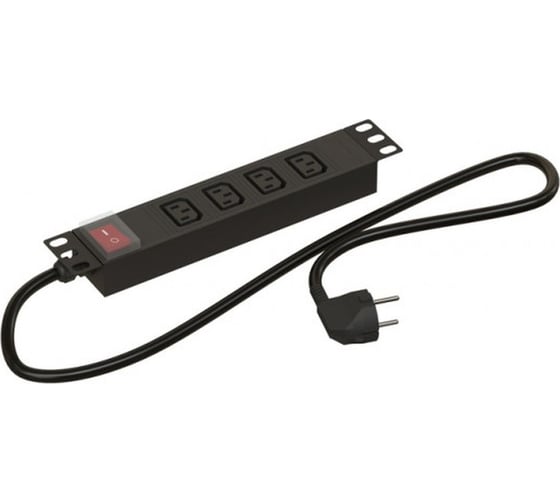 Горизонтальный блок розеток для 10" шкафов Hyperline SHE10-4IEC-S-2EU 4 розетки IEC320 C13, выключатель с подсветкой, кабель питания 2 м (3x1.0 мм2) с вилкой Schuko 16A, 254x44.4x44.4 мм (ДхШхВ), корпус алюминий, черный 494516 1