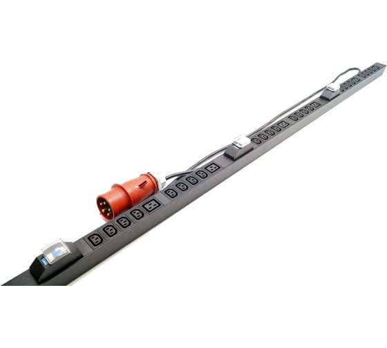Вертикальный блок розеток Hyperline SHE-24IEC-6bIEC-b-3x32-3PVR 24 розетки IEC320 c13, 6 розеток IEC320 c19, автоматический выключатель, кабель питания 3 м (5x4.0 мм2) с вилкой IEC 60309 32 А (3P+N+E), 380 В, корпус алюминий, черный 525057 1