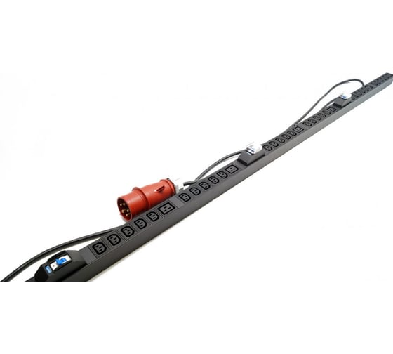 Вертикальный блок розеток Hyperline SHE-30IEC-6BIEC-B-3x32-3PVR 30 розеток IEC320 c13, 6 розеток IEC320 c19, автоматический выключатель, кабель питания 3 м (5x4.0 мм2) с вилкой IEC 60309 32 А (3P+N+E), 380 В, корпус алюминий, черный 525055 1