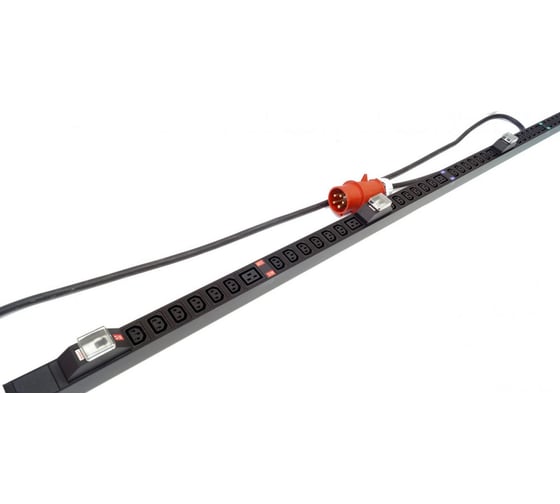 Вертикальный блок розеток Hyperline SHE-36IEC-6bIEC-b-3x32-3PVR 36 розеток IEC320 c13, 6 розеток IEC320 c19, автоматический выключатель, кабель питания 3 м (5x4.0 мм2) с вилкой IEC 60309 32 А (3P+N+E), 380 В, корпус алюминий, черный 510522 1