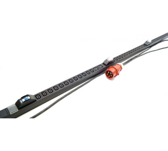 Вертикальный блок розеток Hyperline SHE-36IEC-6bIEC-b-3x16-3PVR 36 розеток IEC320 c13, 6 розеток IEC320 c19, автоматический выключатель, кабель питания 3 м (5x4.0 мм2) с вилкой IEC 60309 16 А (3P+N+E), 380 В, корпус алюминий, черный 525052