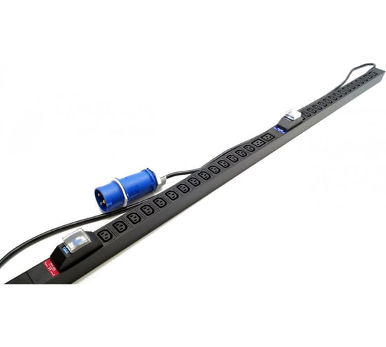 Вертикальный блок розеток Hyperline SHE-28IEC-4bIEC-b-2.5PVB 28 розеток IEC320 c13, 4 розетки IEC320 c19, автоматический выключатель, кабель питания 2.5 м (3x4.0 мм2) с вилкой IEC 60309 32 А (2P+E), 250 В, корпус алюминий, черный 525059 1