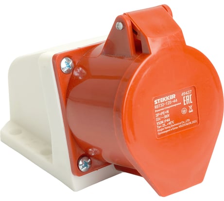 Розетка стационарная STEKKER ST-125 32А 380В 3P PE N IP44, RST32-125-4 49437