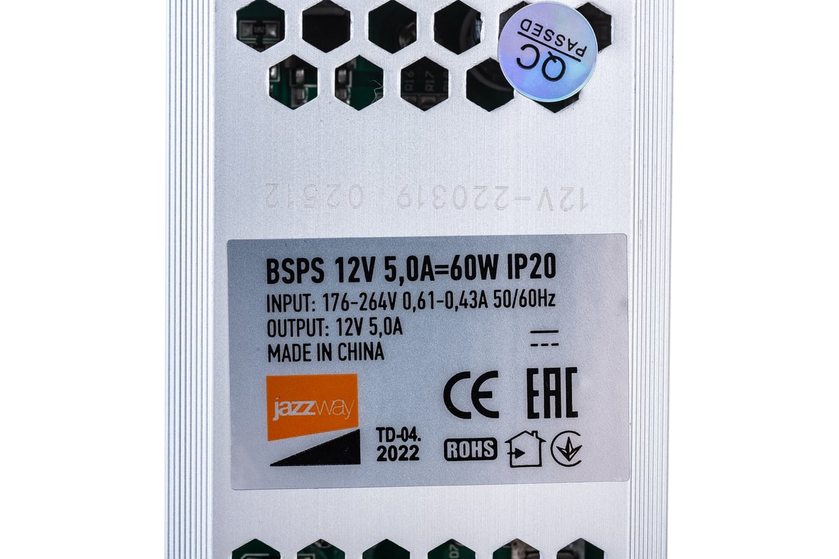 Драйвер Jazzway BSPS 12V 5A 60W IP20 3329327A - выгодная цена, отзывы,  характеристики, фото - купить в Москве и РФ