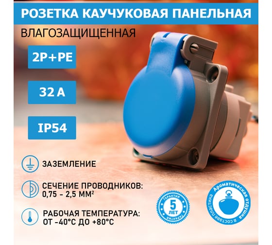 Влагозащищенная розетка REXANT с крышкой, с/з, скрытая установка,16 А, IP54 каучук 111-008