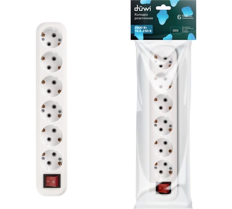 Розеточная колодка duwi 6 гнезд c/з с выключателем 16A 28638 7