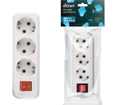 Розеточная колодка duwi 3 гнезда c/з с выключателем 16A 28636 3