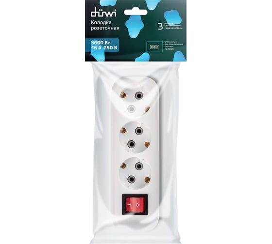 Розеточная колодка duwi 3 гнезда c/з с выключателем 16A 28636 3
