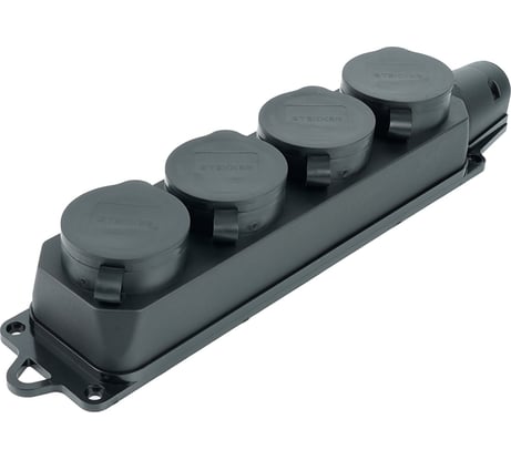 Розетка STEKKER четырехместная с заземляющим контактом, каучук 230В, 16А, IP44, черная RST16-24-44 39019