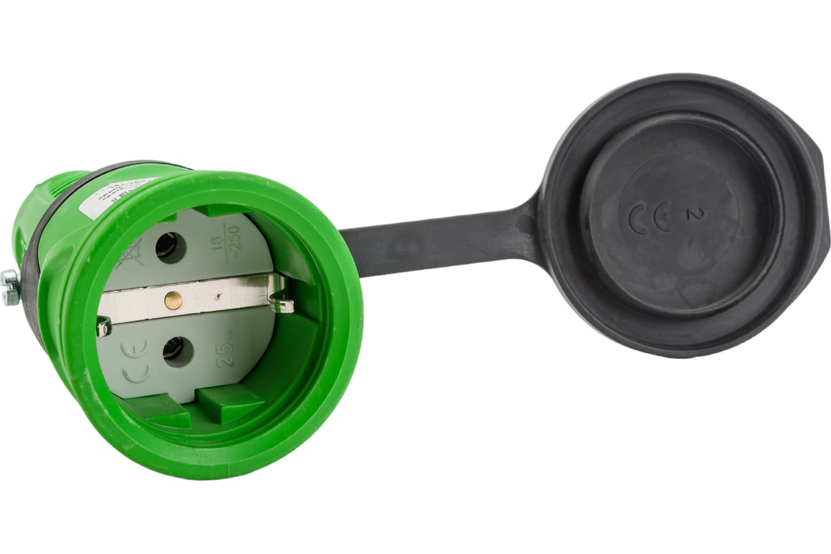 Кабельная розетка PCE 16A 220V 2P+E IP54 с крышкой, корпус зеленый ...