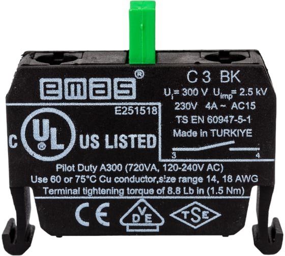 Блок-контакт Emas для пультов управленпия, 1НО, серия B, 250В AC, 4А C3BK