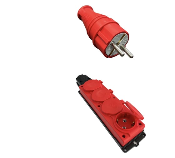 Комплект NVO: каучуковая кабельная колодка 4 гнезда с заземлением и крышкой 16А IP54 + вилка цвет красный 4401 4124 NVO-KI-COMBI-K-4-V-16-54-RED 1