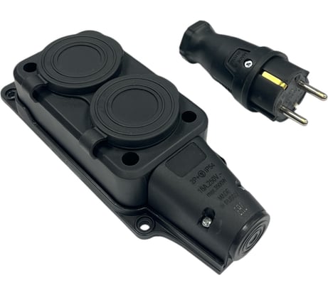 Комплект NVO: каучуковая кабельная колодка 2 гнезда с заземлением и крышкой 16А IP54 + вилка цвет черный 4001 4102 NVO-KI-COMBI-K-2-V-16-54-BLACK