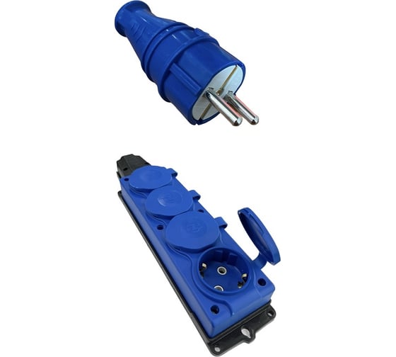 Комплект NVO: каучуковая кабельная колодка 4 гнезда с заземлением и крышкой 16А IP54 + вилка цвет синий 4601 4144 NVO-KI-COMBI-K-4-V-16-54-BLUE 1