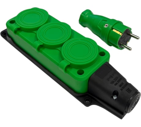 Комплект NVO: каучуковая кабельная колодка 3 гнезда с заземлением и крышкой 16А IP54 + вилка цвет зеленый 4501 4133 NVO-KI-COMBI-K-3-V-16-54-GREEN