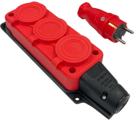 Комплект NVO: каучуковая кабельная колодка 3 гнезда с заземлением и крышкой 16А IP54 + вилка цвет красный 4401 4123 NVO-KI-COMBI-K-3-V-16-54-RED